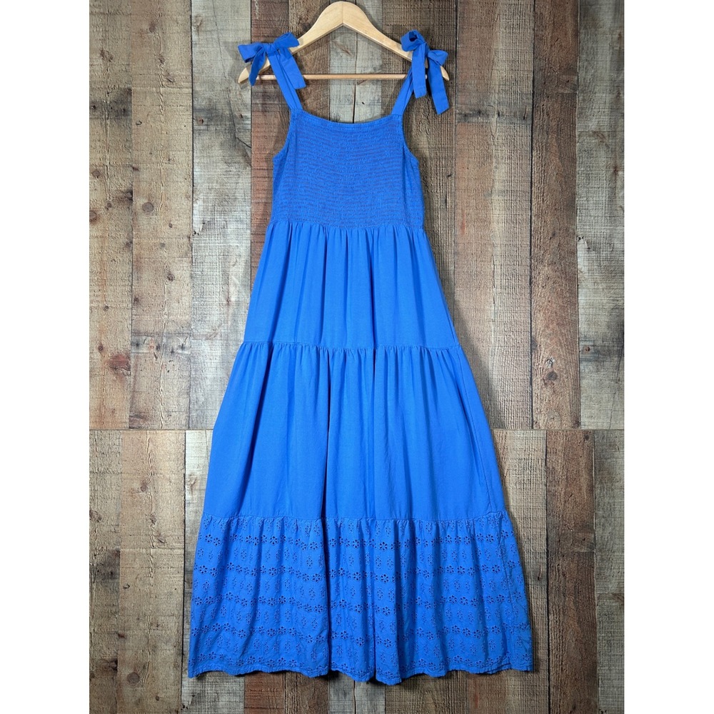 Maurices Blue Smocked Bow Strap Tiered Eyelet Maxi Dress Cottagecore Large Boho